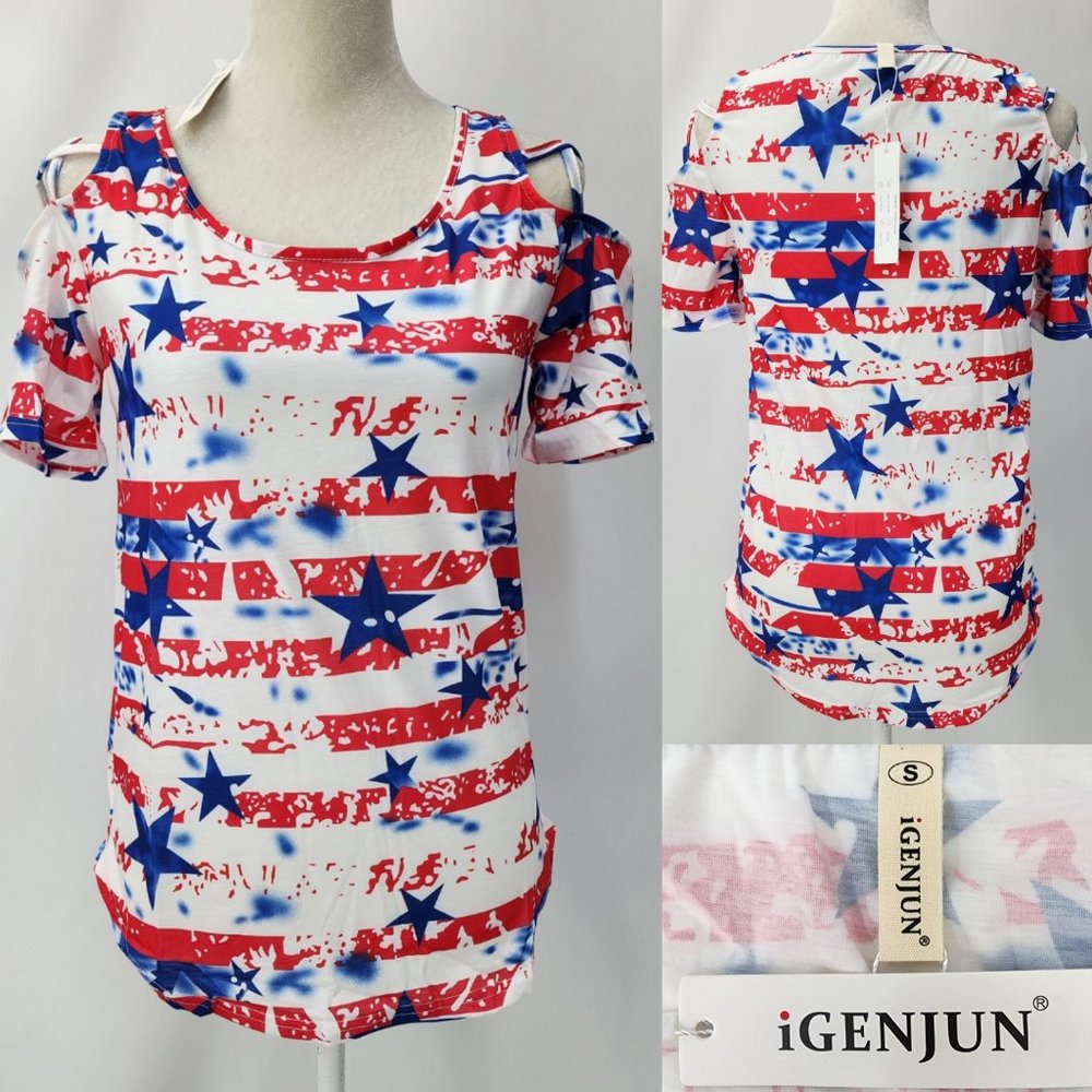 New Igenjun Women Small Stars & Stripes 4th July Shirt Strappy Cold Shoulder Top
